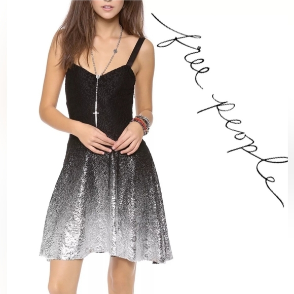 Free People Dresses & Skirts - Free People Silver Foiled Ombre Black/Silver Lace Sleeveless Mini Dress, Size XS